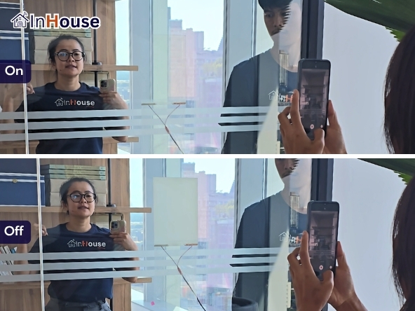 วิศวกร InHouse สาธิต Smart Glass กระจกฝ้าไฟฟ้าที่หน้างานจริง · ทดสอบ Sample เทียบกับกระจกลูกค้า
