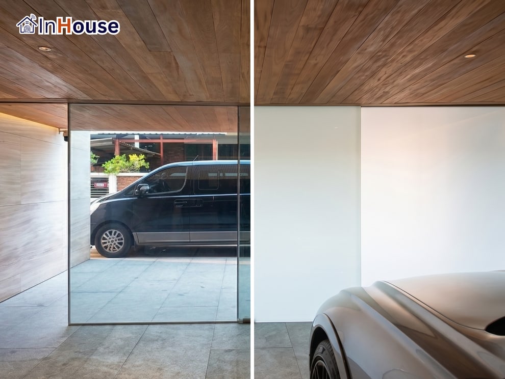 โรงจอดรถกระจก Glass Garage ติดตั้งฟิล์มไฟฟ้า Smart Film บ้านพักอาศัย อวดรถสวย privacy · บ้านคุณโก ลาดพร้าว · InHouse