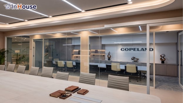 Clear mode seeing the meeting room inside smart film Switch clear and the glass is open, seeing the Copeland meeting room — Copeland Thailand — Smart Film Meeting-Room Partition, Rayong Factory
