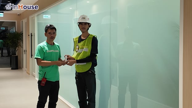 Handing over the completed install smart film Handing over the smart film to the Copeland team — Copeland Thailand — Smart Film Meeting-Room Partition, Rayong Factory