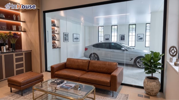 客厅通透模式展示爱车 调光膜 从客厅按下通透,展示车库中的爱车 —— DAVEN 拉玛9 —— 超豪华客厅隔断调光膜