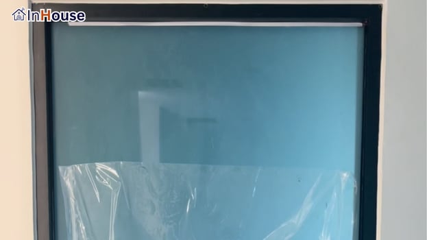 Testing opaque mode for privacy smart film Blocking sightlines 100% on cue — Khun Jomjaem — Luxury condo bathroom, privacy at the press of one remote