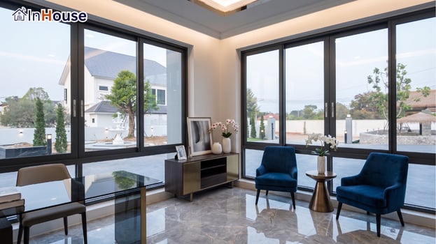 Clear mode opens the view outside smart film Press clear to see the garden and community view — Khun Kang — Smart Film for the Dining and Living Rooms, Korat