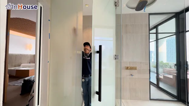 A moisture-resistant solution smart film A modern choice that resists moisture better than blinds — Khun Pink — The Waterford Park Condo Bathroom