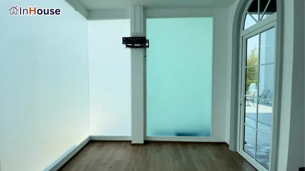 Opaque mode · smart film · switch opaque for privacy in a fraction of a second — Khun Rachanon Private Home Gym & Poolside Smart Glass